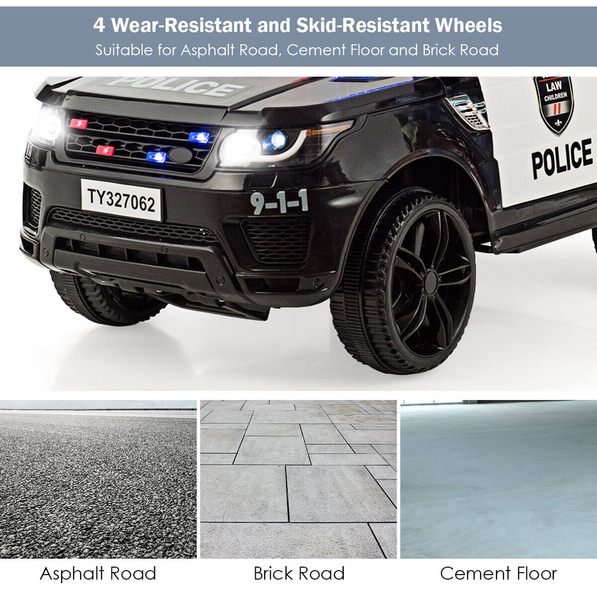 12V Kids Ride On Police Car with RC Control, Light & Siren - Black