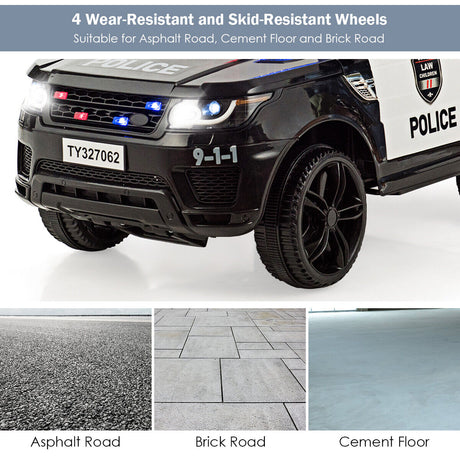 12V Kids Ride On Police Car with RC Control, Light & Siren - Black