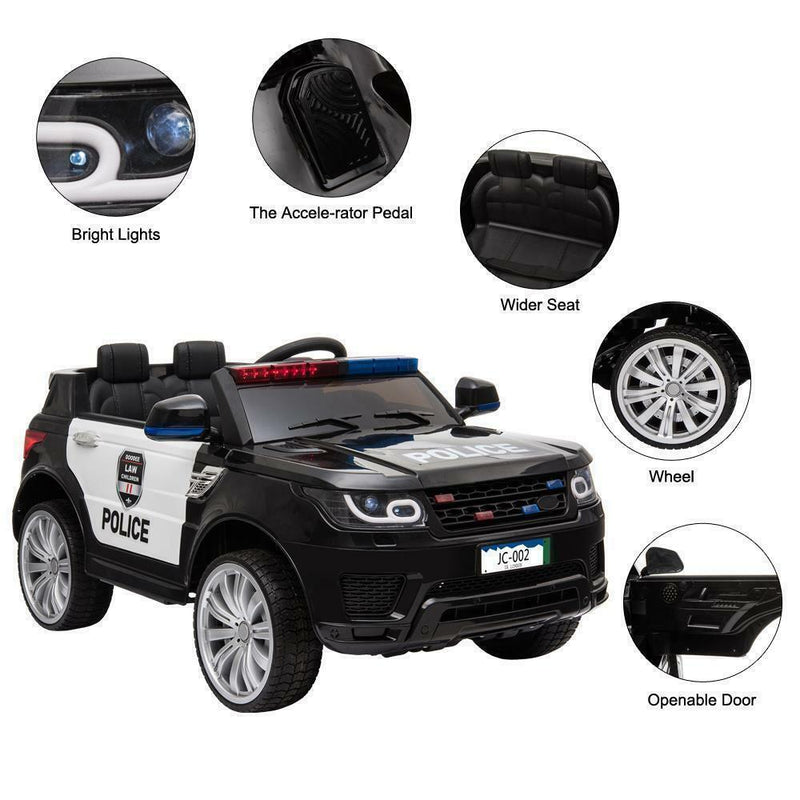 12V Kids Ride On Police SUV Car with Remote Control, LED Lights, and Music - Black