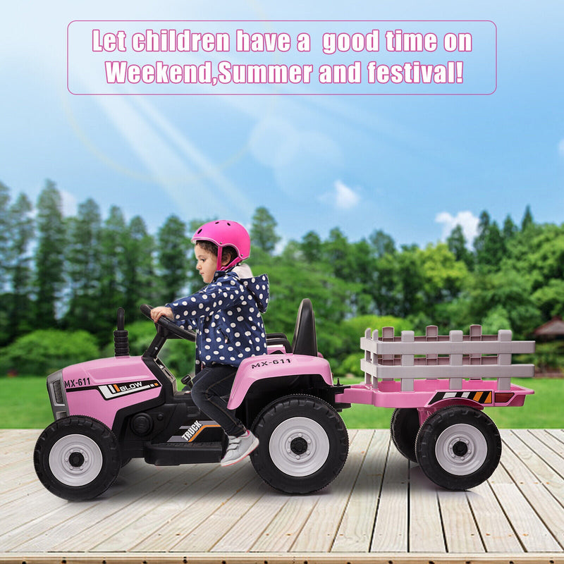 12V Battery Powered Kids Ride-On Tractor with Detachable Trailer and LED Lights