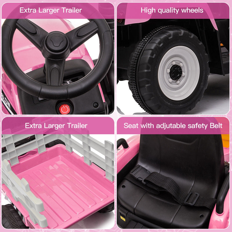 12V Battery Powered Kids Ride-On Tractor with Detachable Trailer and LED Lights