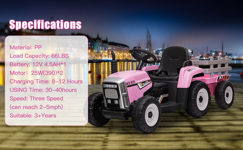 12V Battery Powered Kids Ride-On Tractor with Detachable Trailer and LED Lights