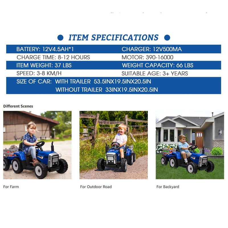 12V Kids Ride On Tractor Trailer with Lights - Battery Powered Toy Car