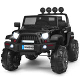 12V Kids Ride On Truck with RC Control, LED Lights, Music, and Spring Suspension in Black