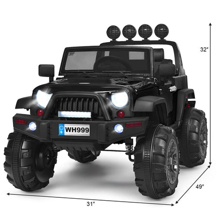 12V Kids Ride On Truck with RC Control, LED Lights, Music, and Spring Suspension in Black