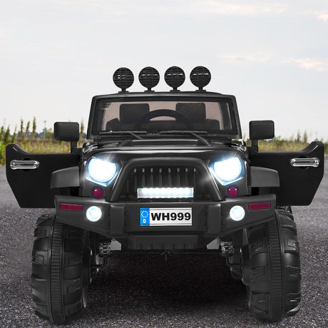 12V Kids Ride On Truck with RC Control, LED Lights, Music, and Spring Suspension in Black