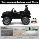12V Kids Ride On Truck with RC Control, LED Lights, Music, and Spring Suspension in Black