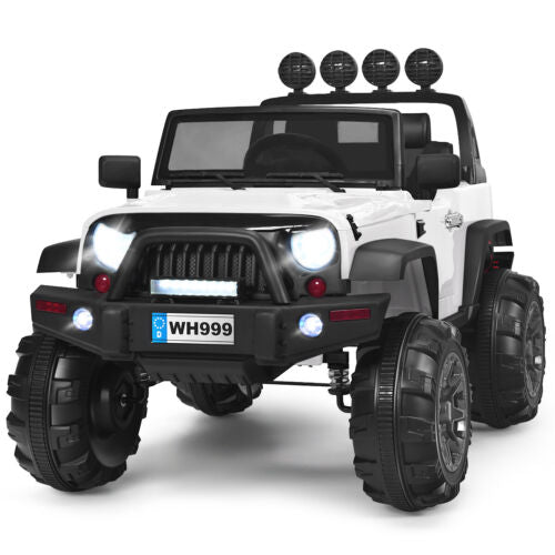12V Kids Ride On Truck with RC Control, LED Lights, Music, and Spring Suspension in White