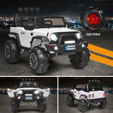 12V Kids Ride On Truck with RC Control, LED Lights, Music, and Spring Suspension in White