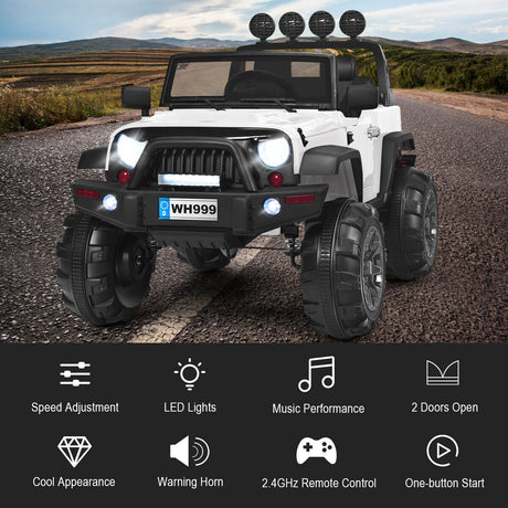 12V Kids Ride On Truck with RC Control, LED Lights, Music, and Spring Suspension in White