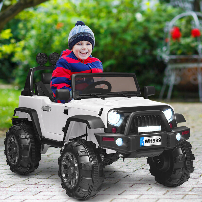 12V Kids Ride On Truck with RC Control, Spring Suspension, Light & Music, and Trunk in White