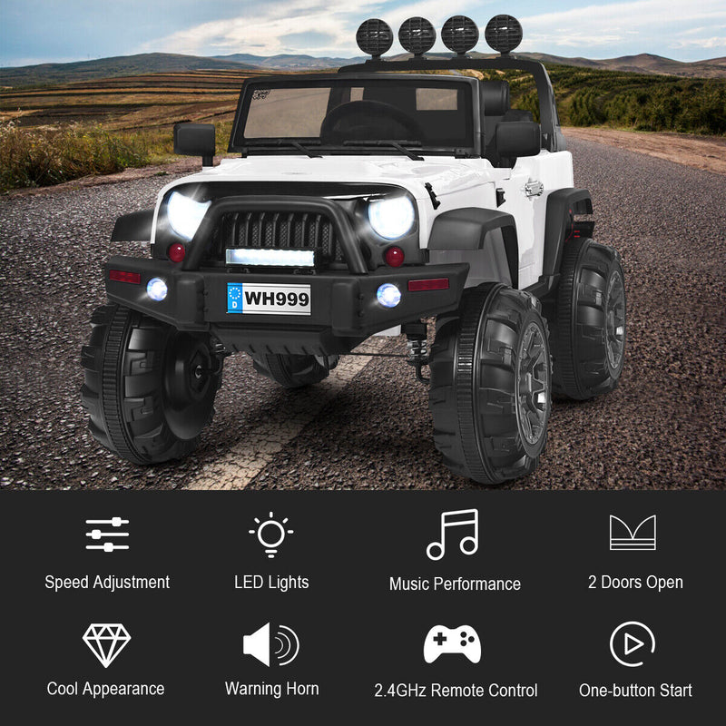 12V Kids Ride On Truck with RC Control, Spring Suspension, Light & Music, and Trunk in White