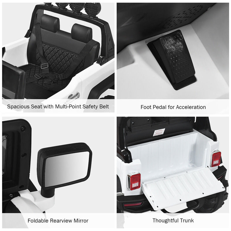 12V Kids Ride On Truck with RC Control, Spring Suspension, Light & Music, and Trunk in White