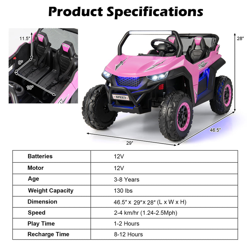 12V Kids Ride On UTV with Suspension, Lights & Music - RC Electric Vehicle for 2 Children