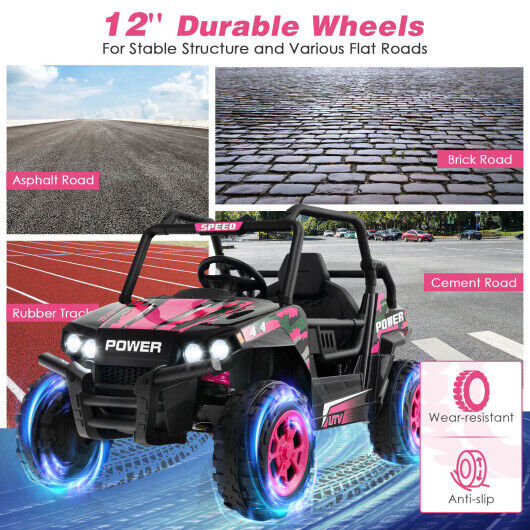 12V Kids UTV Ride on Car with Remote Control, Music, and LED Lights in Pink