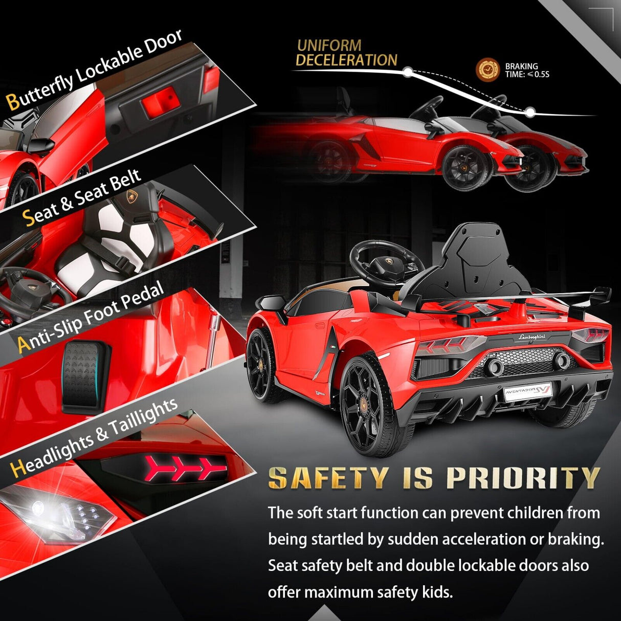 12V Lamborghini Aventador SV Sports Car Toy for Kids with Parental Control - Red