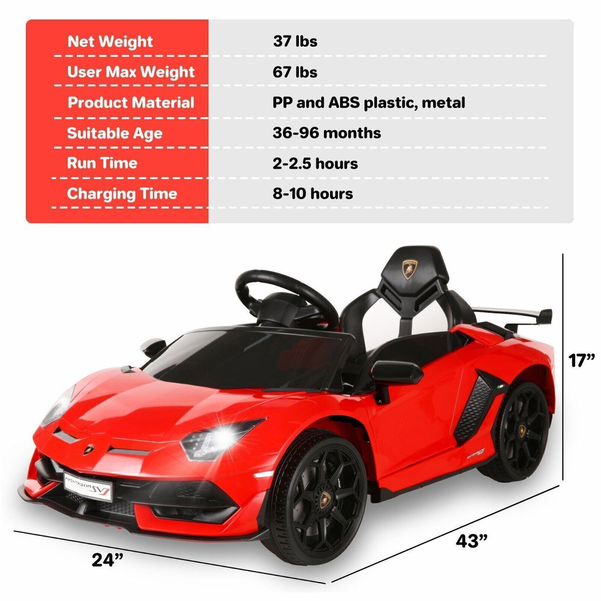 12V Licensed Lamborghini Electric Ride-On Sports Car for Kids with 7AH Battery