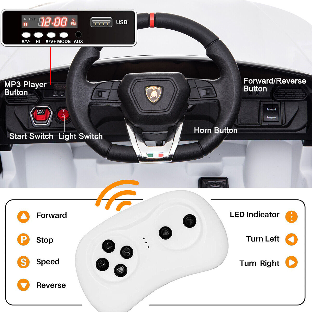 12V Licensed Lamborghini Ride On Car - Battery Powered Sports Car Toy for Kids