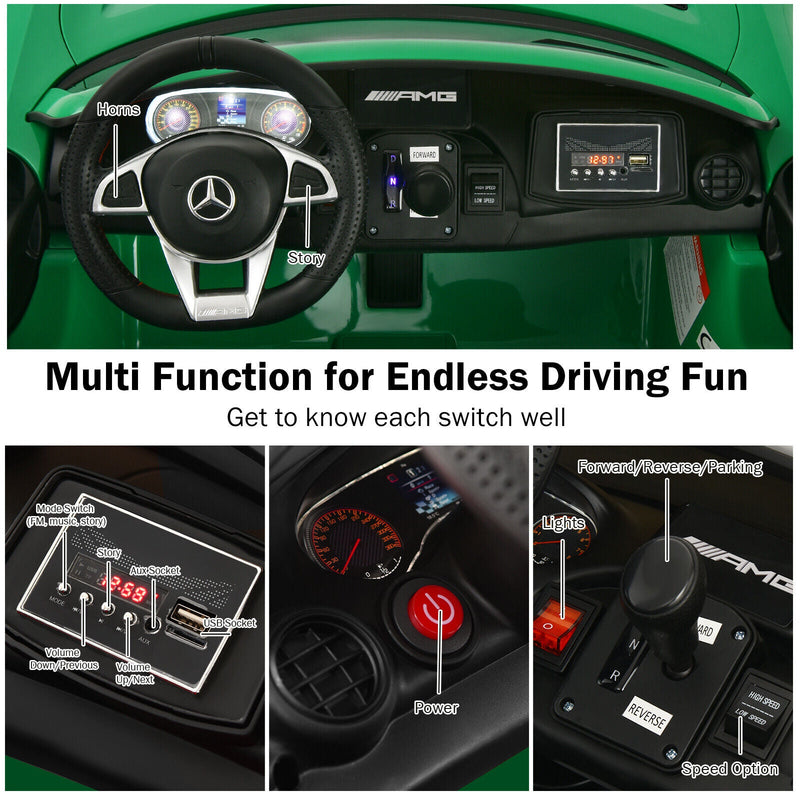 12V Mercedes Benz AMG GTR Kids Ride On Car with Remote Control and LED Lights in Green