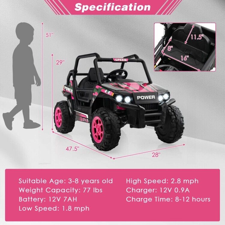 12V Off-Road Truck Ride-On Toy for Kids with Remote Control, LED Lights, and Music