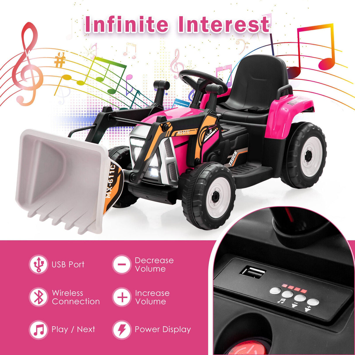 12V Pink Battery-Powered Excavator with Adjustable Arm for Kids