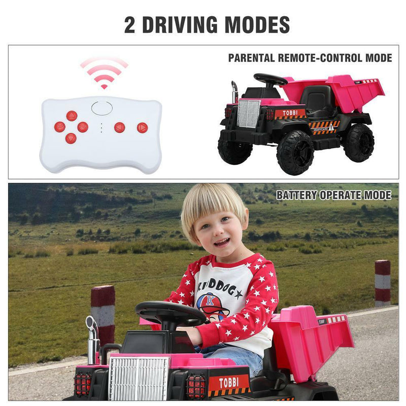 12V Pink Battery-Powered Ride-On Dump Truck Toy for Kids