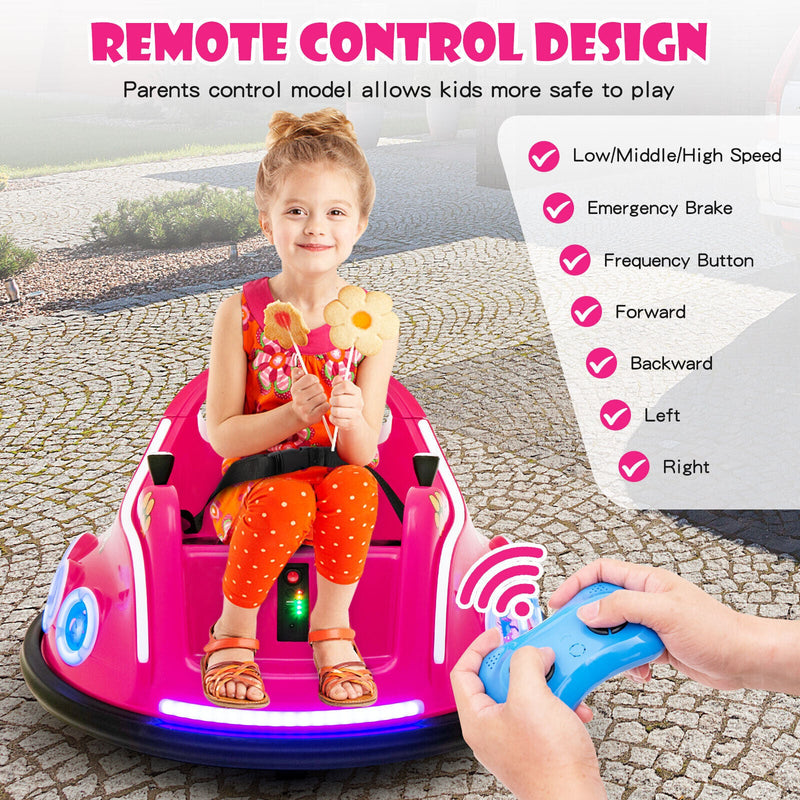 12V Pink Bumper Car with Remote Control, LED Lights, and Music for Kids