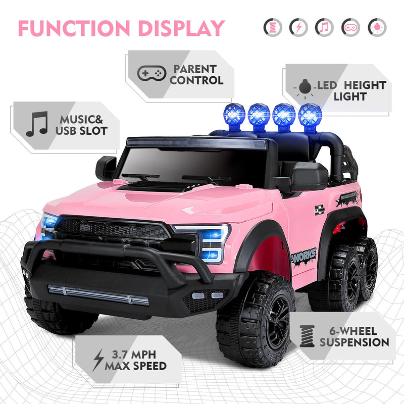 12V Pink Kids Ride On Truck with RC, LED, MP3, and 6 Wheels