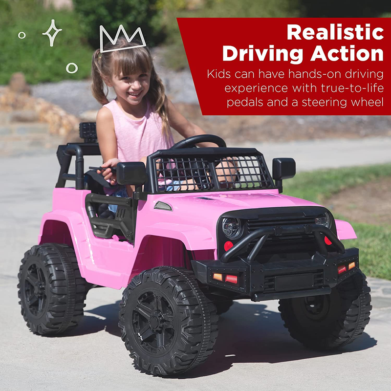 12V Pink Ride-On Truck Toy Car with 3 Speeds and LED Lights for Kids
