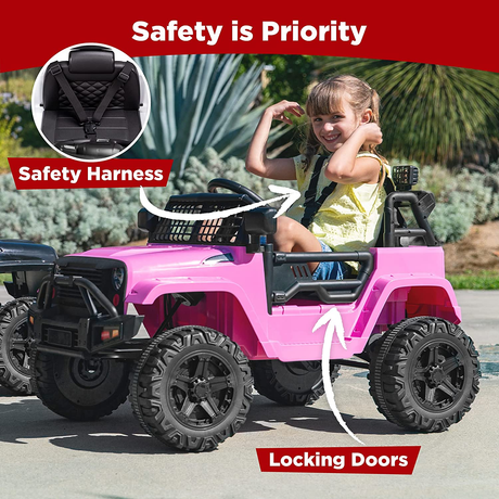 12V Pink Ride-On Truck Toy Car with 3 Speeds and LED Lights for Kids