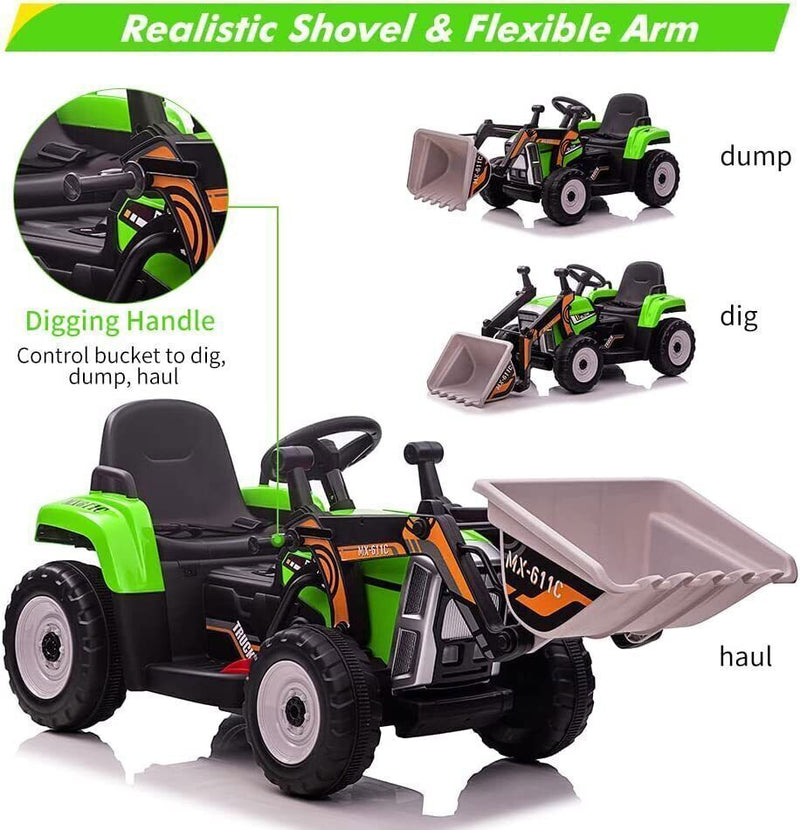 12V RC Excavator Ride-On Tractor with Music, Headlights, and Horn for Kids