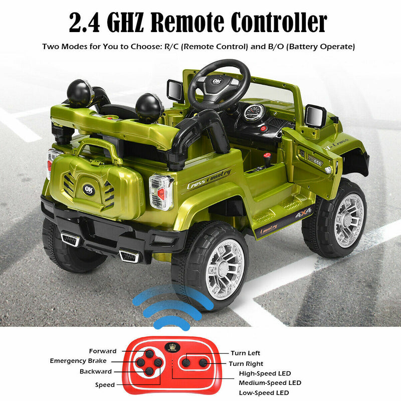 12V RC Remote Control Green Truck Car for Kids - Electric Ride On Toy