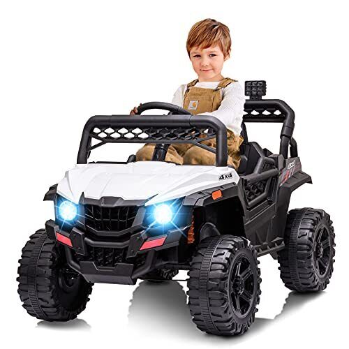 12V Ride On Car Truck Toy with LED Lights, Music, and Seat Belt - Perfect Xmas Gift for Kids with Remote Control