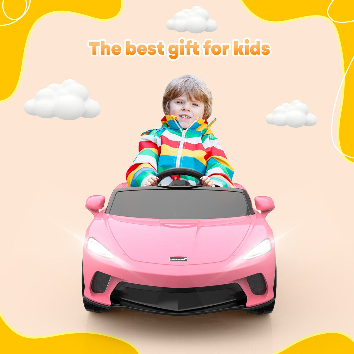 12V Sports Car for Kids with 2 Speeds, Parental Control, Sound Effects, and LED Lights