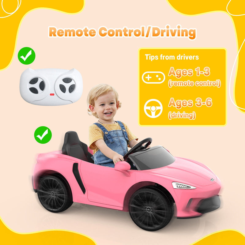 12V Sports Car for Kids with 2 Speeds, Parental Control, Sound Effects, and LED Lights