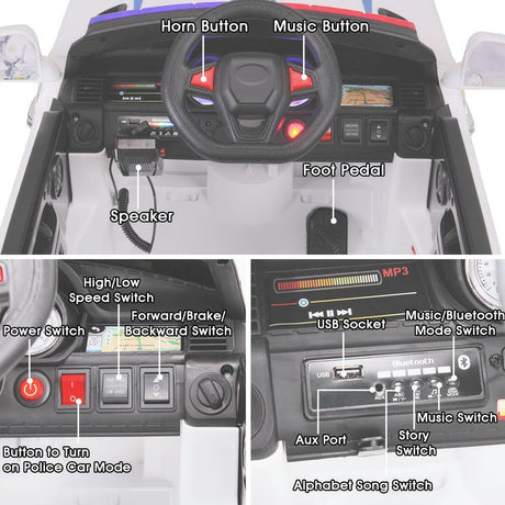 12V White Police Car Ride-On for Kids with Bluetooth Remote Control and LED Lights