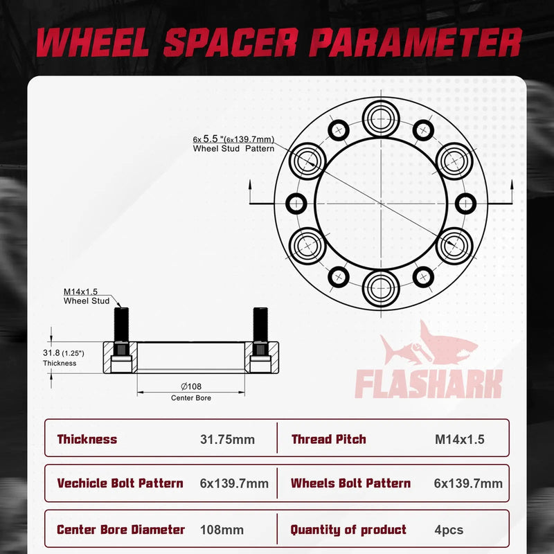 For 1988-2021 Chevy Chevrolet Silverado GMC Cadillac 1500 2500 6x5.5 Inches Wheel Spacers 4PCS Flashark