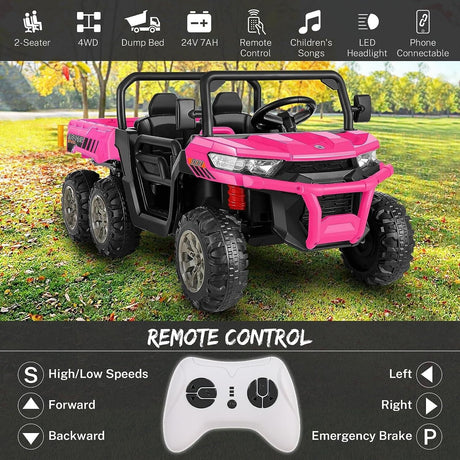 2-Seat Pink Dump Truck Ride-On Toy with 24V Battery Power and 6 Wheels for Kids