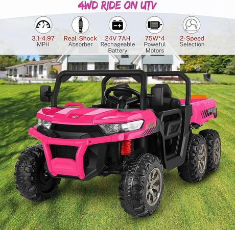 2 Seater 24V 4WD Ride On Car for Kids with Dump Bed, Remote Control, MP3, and LED Lights