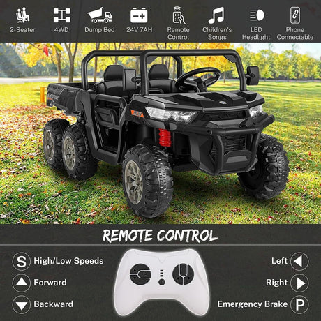2 Seater 24V 4WD Ride On Car for Kids with Dump Bed, Remote Control, MP3, and LED Lights