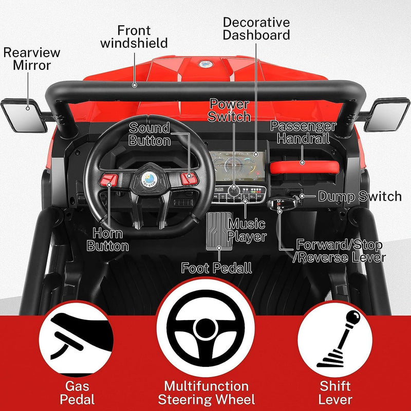 2 Seater 4WD Ride On Car with Dump Bed, Remote Control, and Music - 300W Motors, 24V