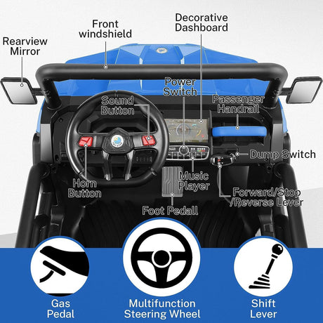 400W 2-Seater 4WD Ride-On Car for Kids with Dump Bed, RC Control, MP3 Player, and LED Lights - 3 Speed Options