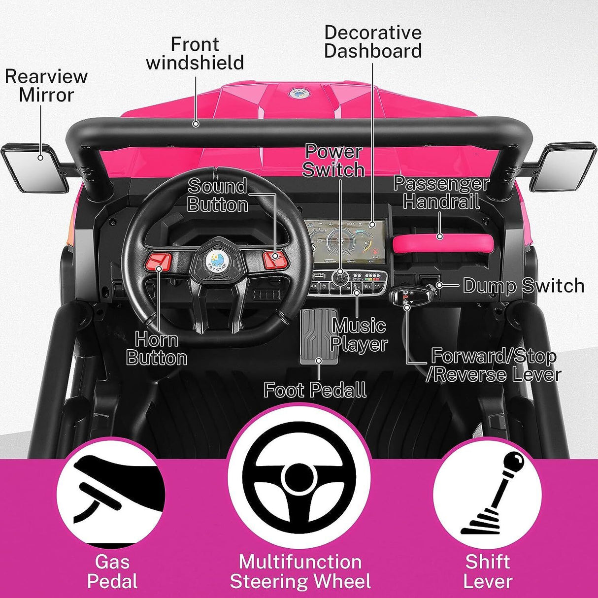 400W 2-Seater 4WD Ride-On Car for Kids with Dump Bed, RC Control, MP3 Player, and LED Lights - 3 Speed Options