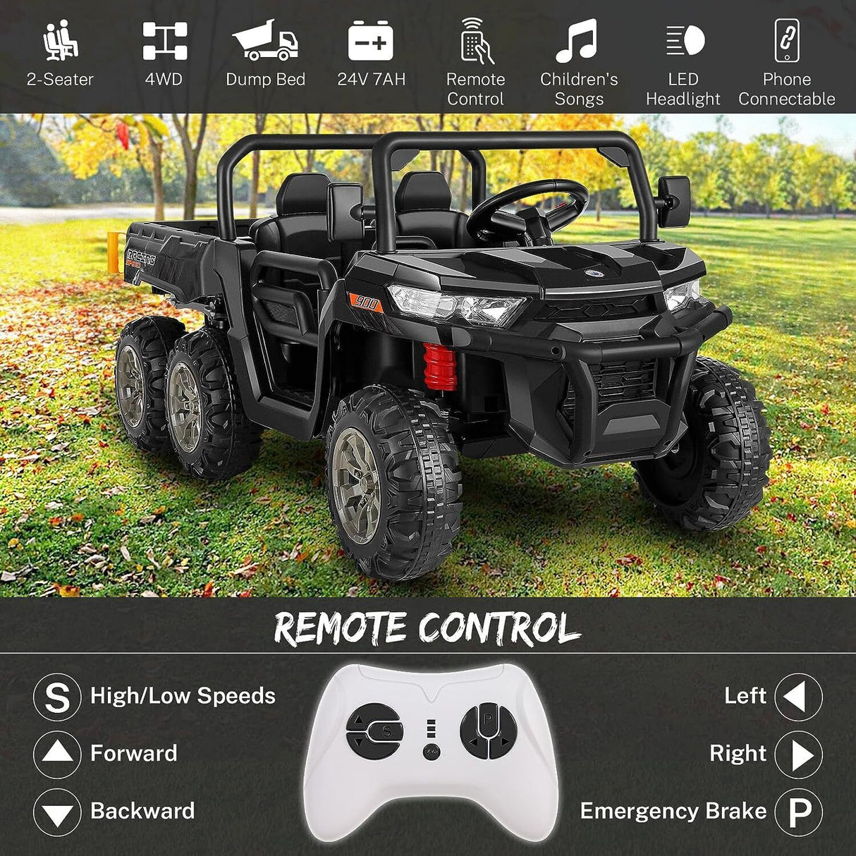 24V 4WD Kids Electric Car with Remote Control and Dump Bed - 2 Seater Ride-On Vehicle