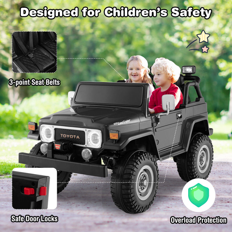 2-Seater Black Battery Powered Ride-On Car with 3-Point Seat Belts and Doors - 12V