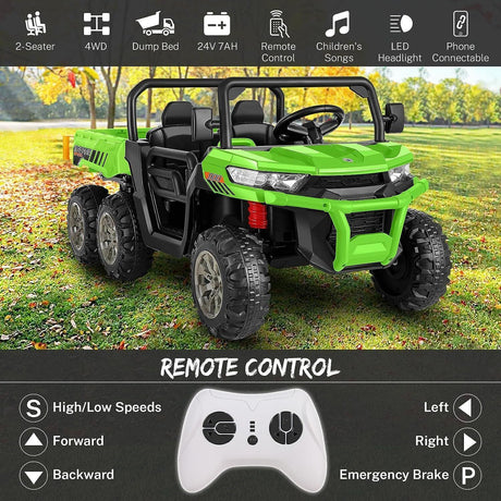 2-Seater Electric Ride-On Car with Dump Bed Truck and 6 Wheels - 24V Battery Powered Toy for Kids
