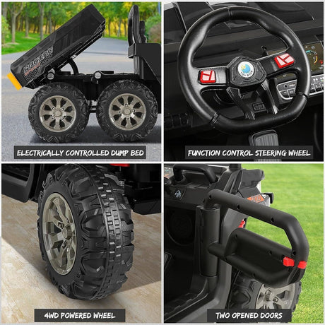2-Seater Electric Dump Truck Toy with 24V Battery Power and 6 Wheels in Black