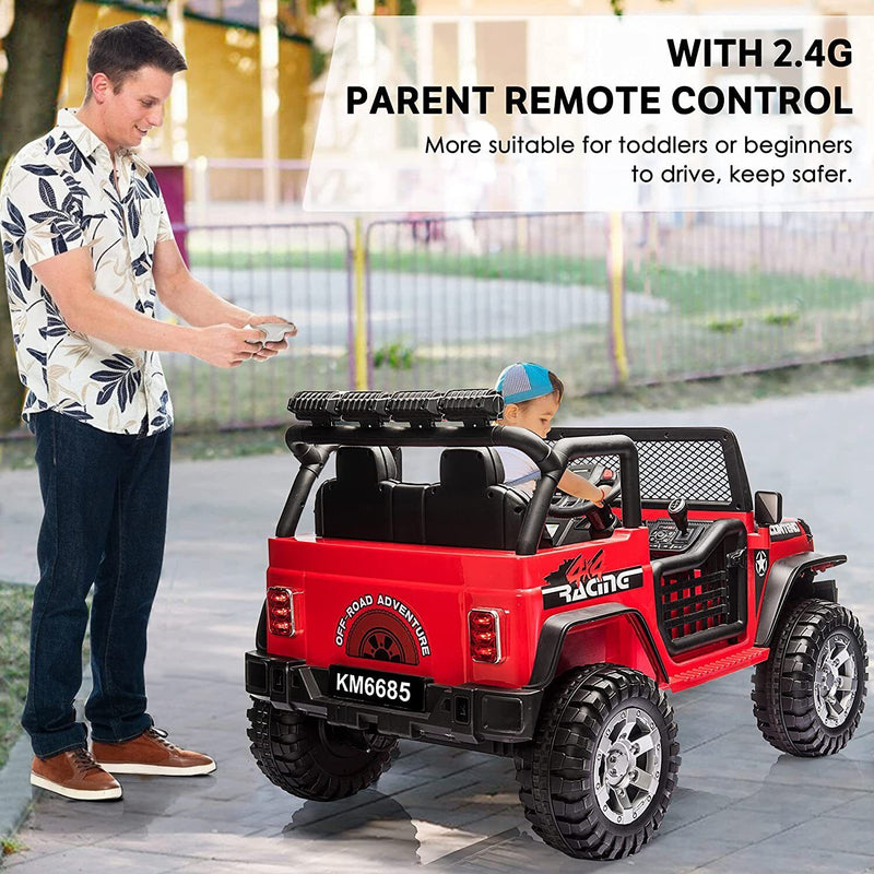 2-Seater Electric Ride-On Car for Kids with RC Control, MP3 Player, and Realistic Jeep Design