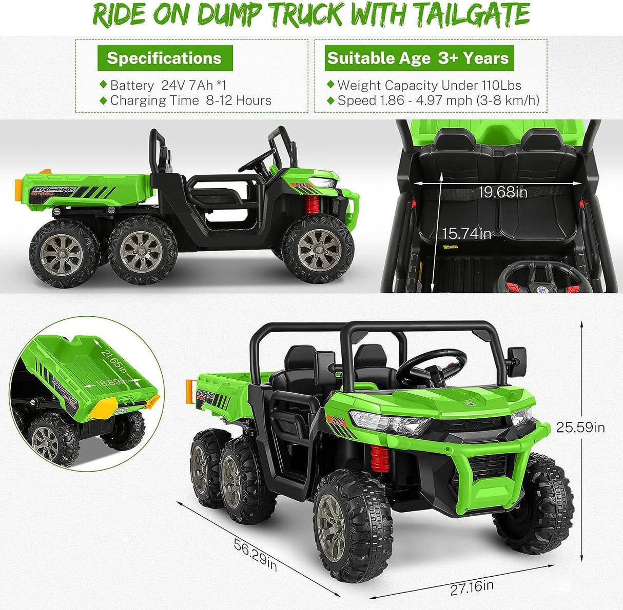 Premium 24V 7Ah Battery-Powered 2-Seat Dump Truck Ride-On Toy for Kids with 6 Wheels