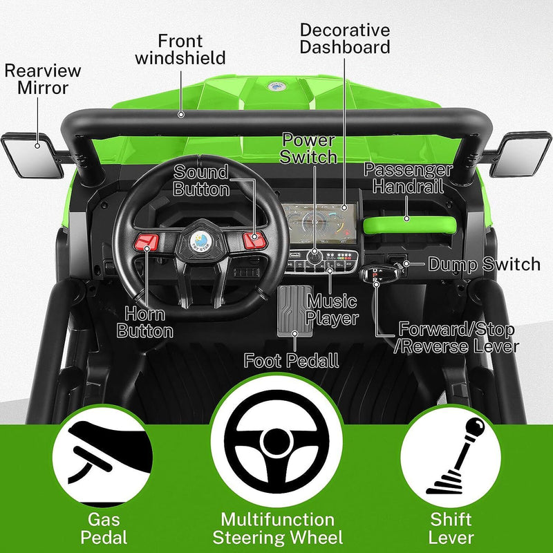 2 Seater 24V Dump Truck Ride On Car with Electric Dump Bed & Shovel - Remote Controlled